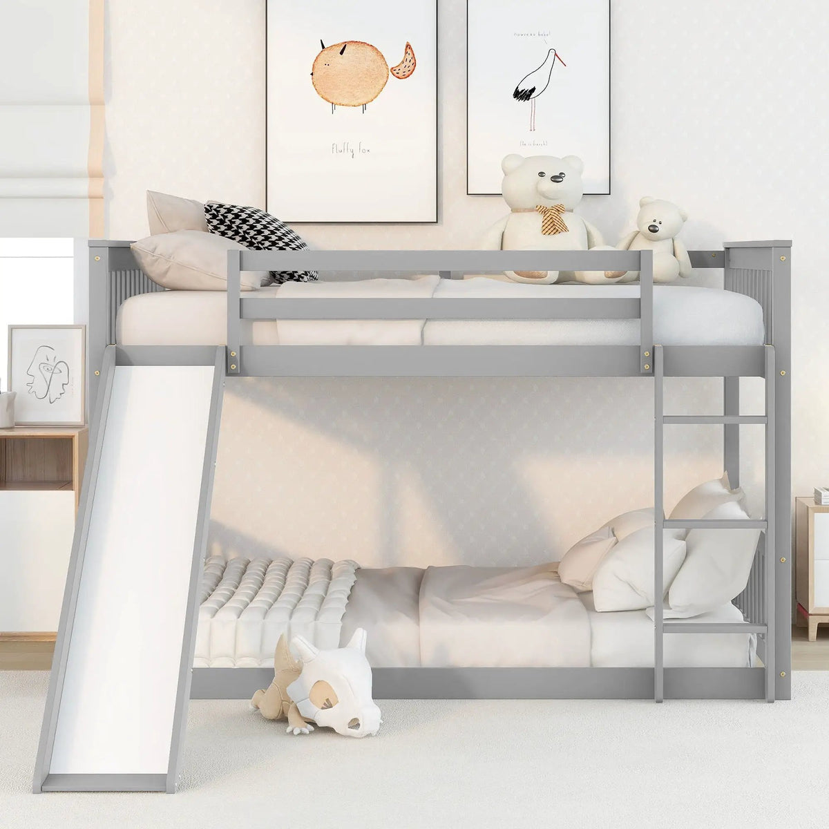Low Loft Bunk Bed | Built-In Slide And Ladder | Pinewood Frame | Modern Clean Design