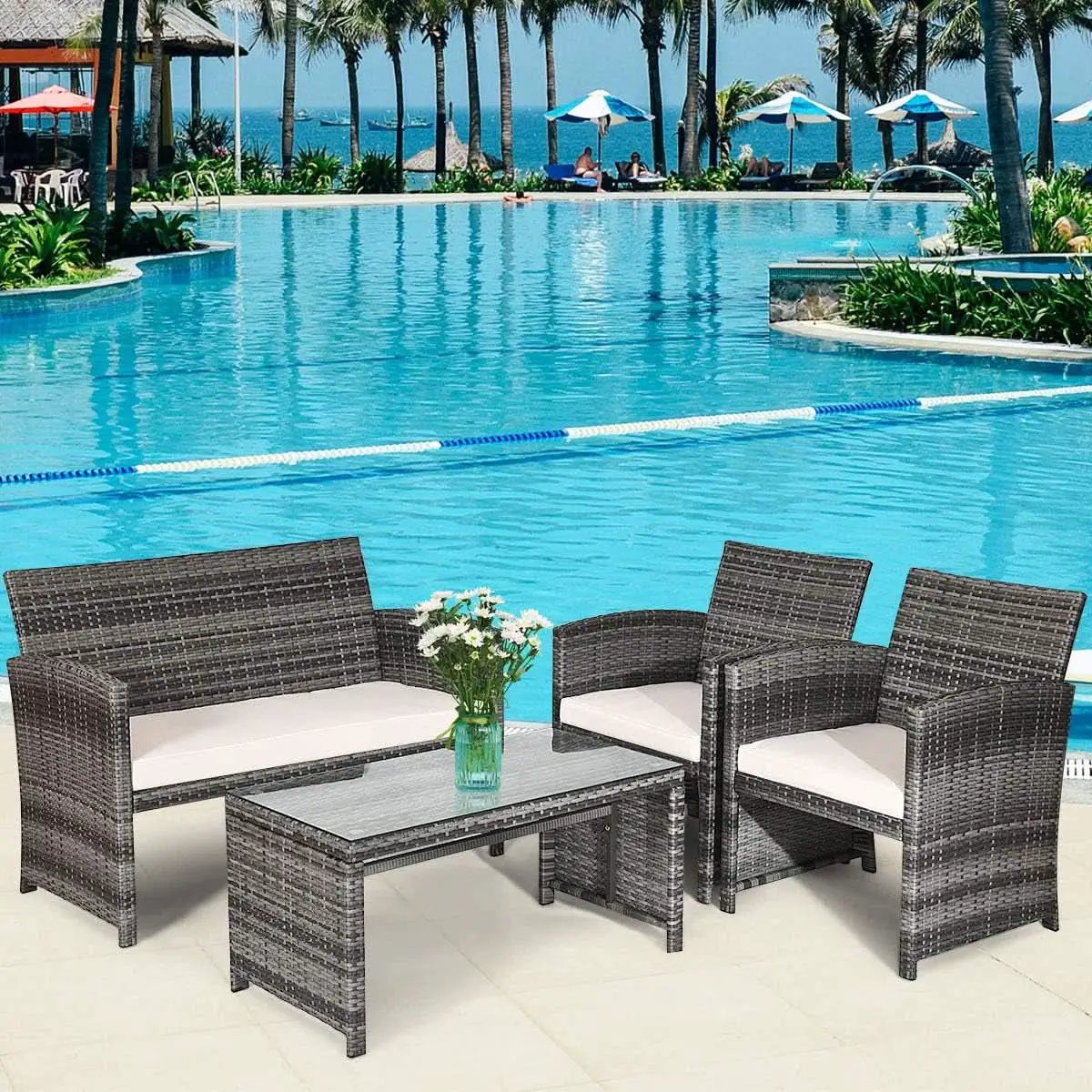 4 Piece Wicker Patio Conversation Set With Soft Cushions from PriceLows™