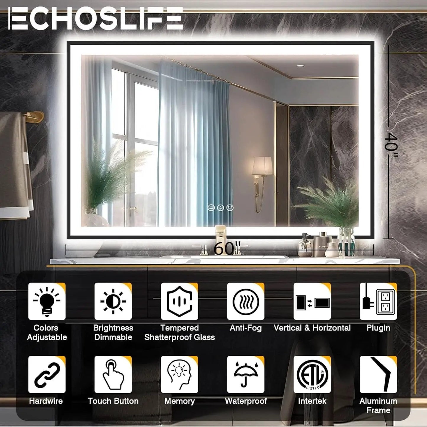 60X40 Matte Black LED Bathroom Mirror With Dimmable Lights from PriceLows™