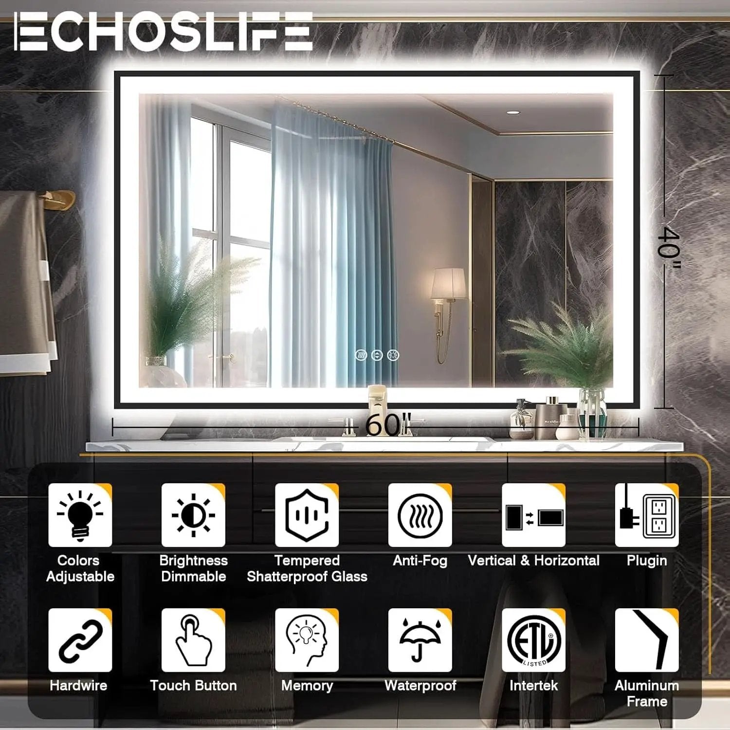 60X40 Matte Black LED Bathroom Mirror With Dimmable Lights from PriceLows™