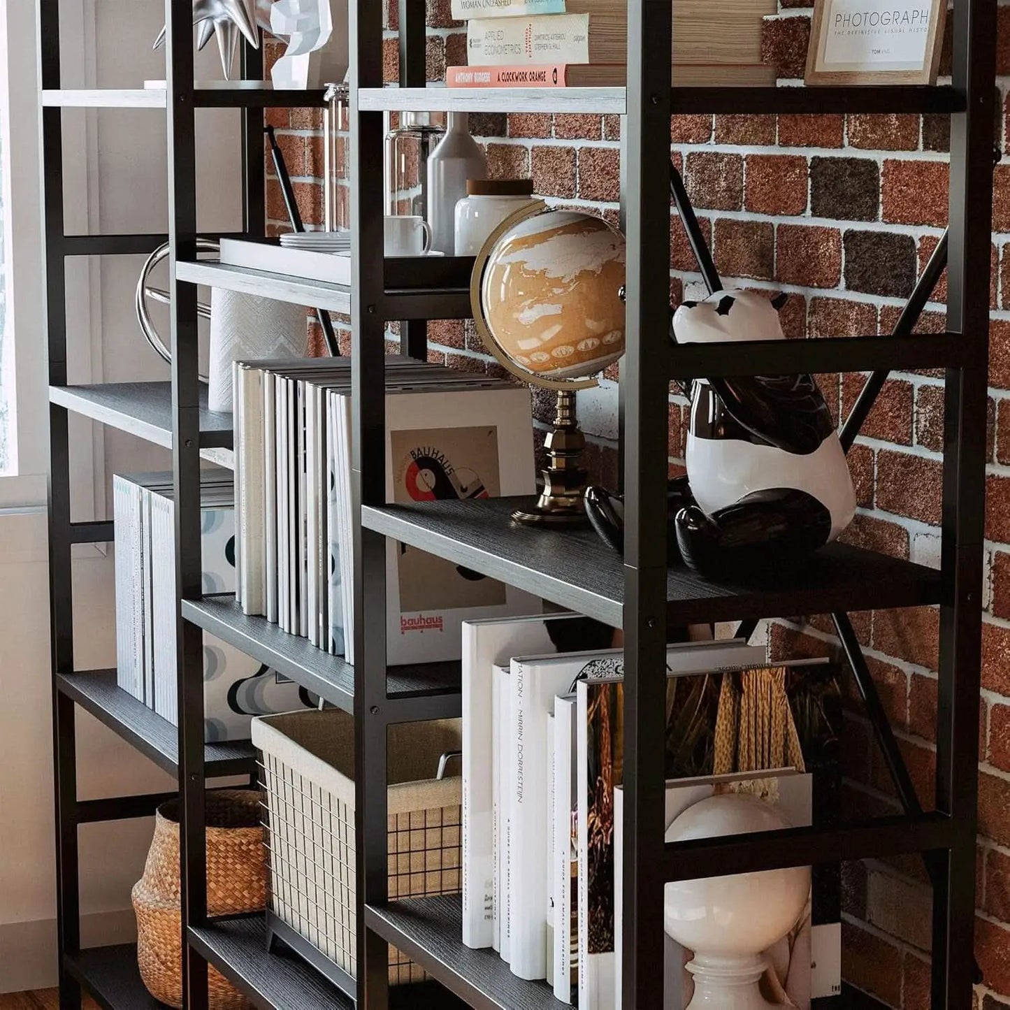 Triple Wide Industrial Bookshelf With Metal Frame 14 Open Shelves from PriceLows™