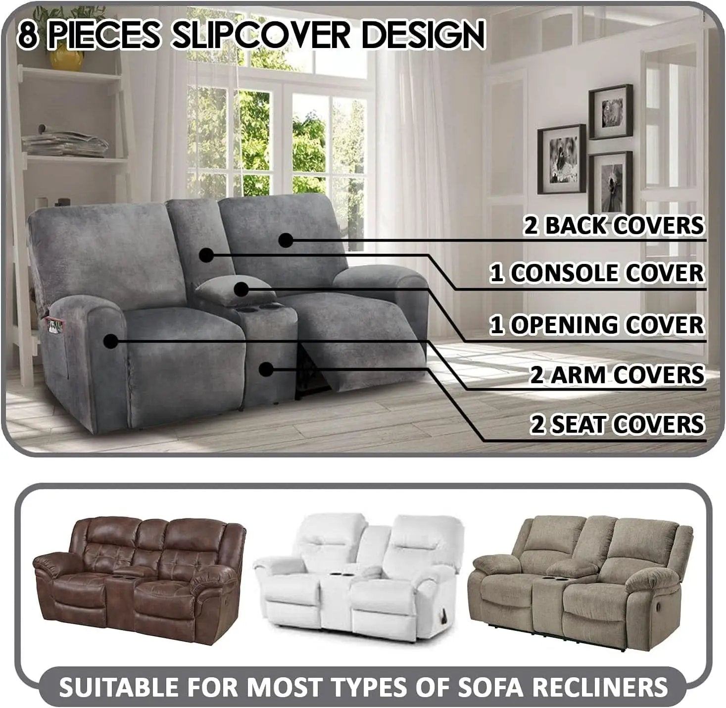Dark Grey Velvet 8 Piece Reclining Loveseat Slipcover from PriceLows™