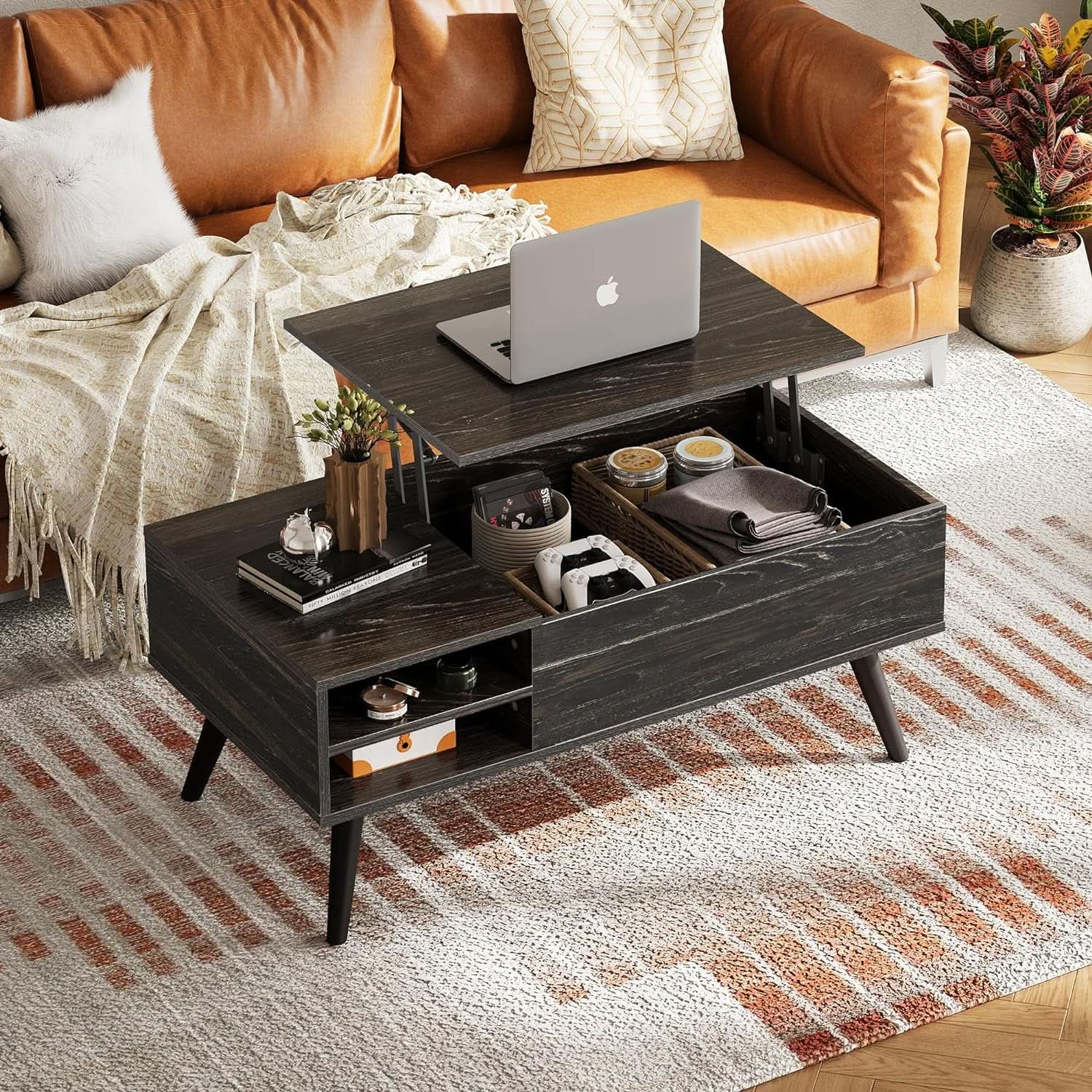Wood Lift Top Coffee Table Hidden Compartment Charcoal from PriceLows™