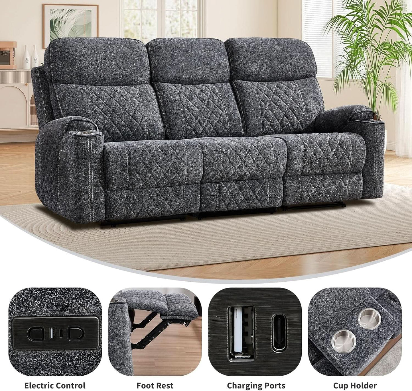 Grey Fabric 3-Seater Electric Recliner Sofa with Cup Holders from PriceLows™