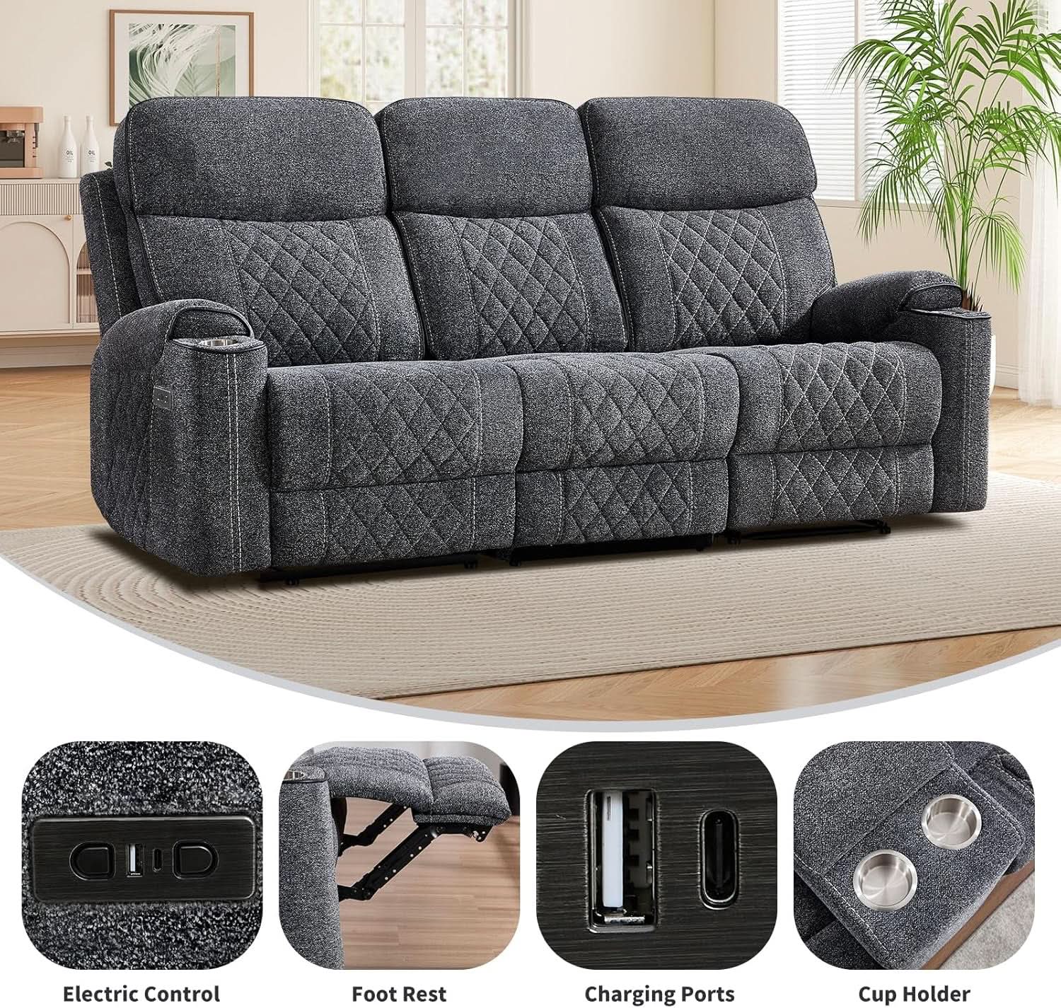 Grey Fabric 3-Seater Electric Recliner Sofa with Cup Holders from PriceLows™