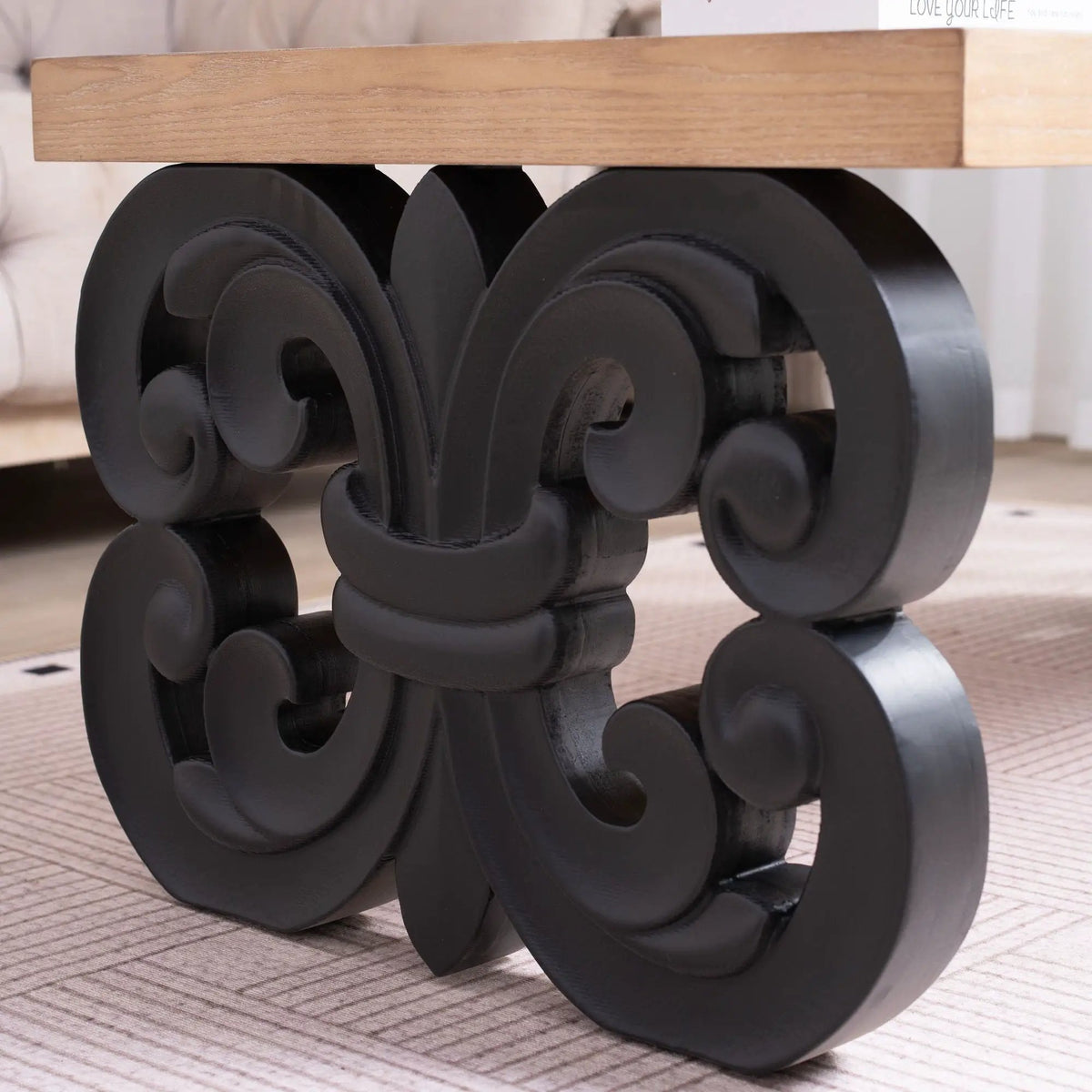 Farmhouse Coffee Table | Ornate Scroll Base | Natural Wood Top | Intricately Carved