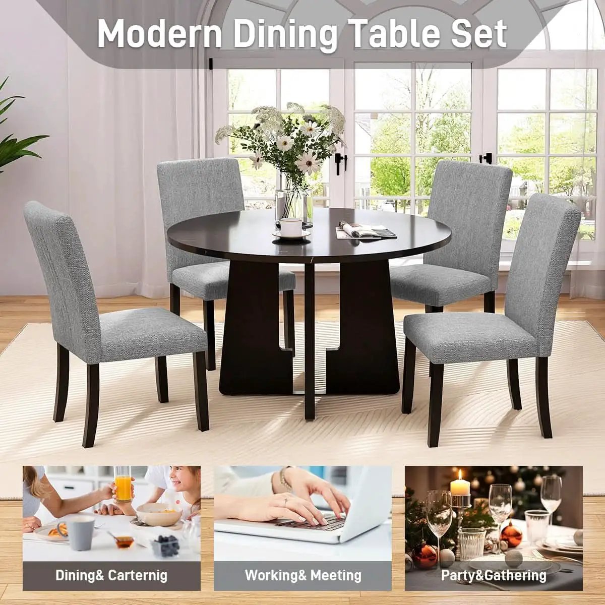 Solid Round Dining Table Set Five Piece Grey And Black from PriceLows™