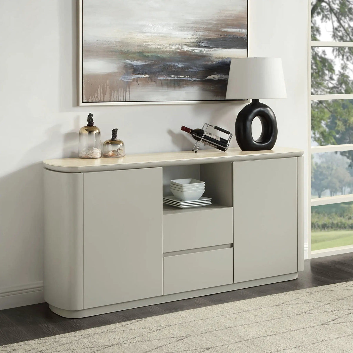 Ingram Ceramic Top Server | 16 x 65 x 32 in | Metal & Ceramic | Light Gray