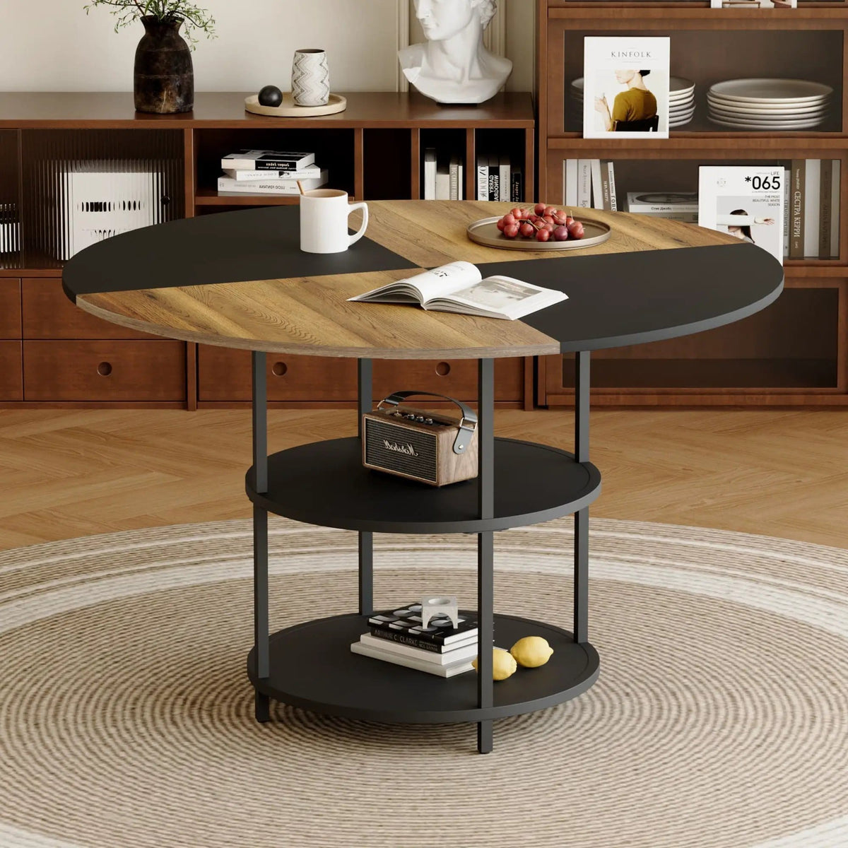 Diameter Modern Splicing Circular Dining Table Double Layer Storage | 47.3 x 47.3 x 29.7 in | Metal & Mdf | Wood / Black