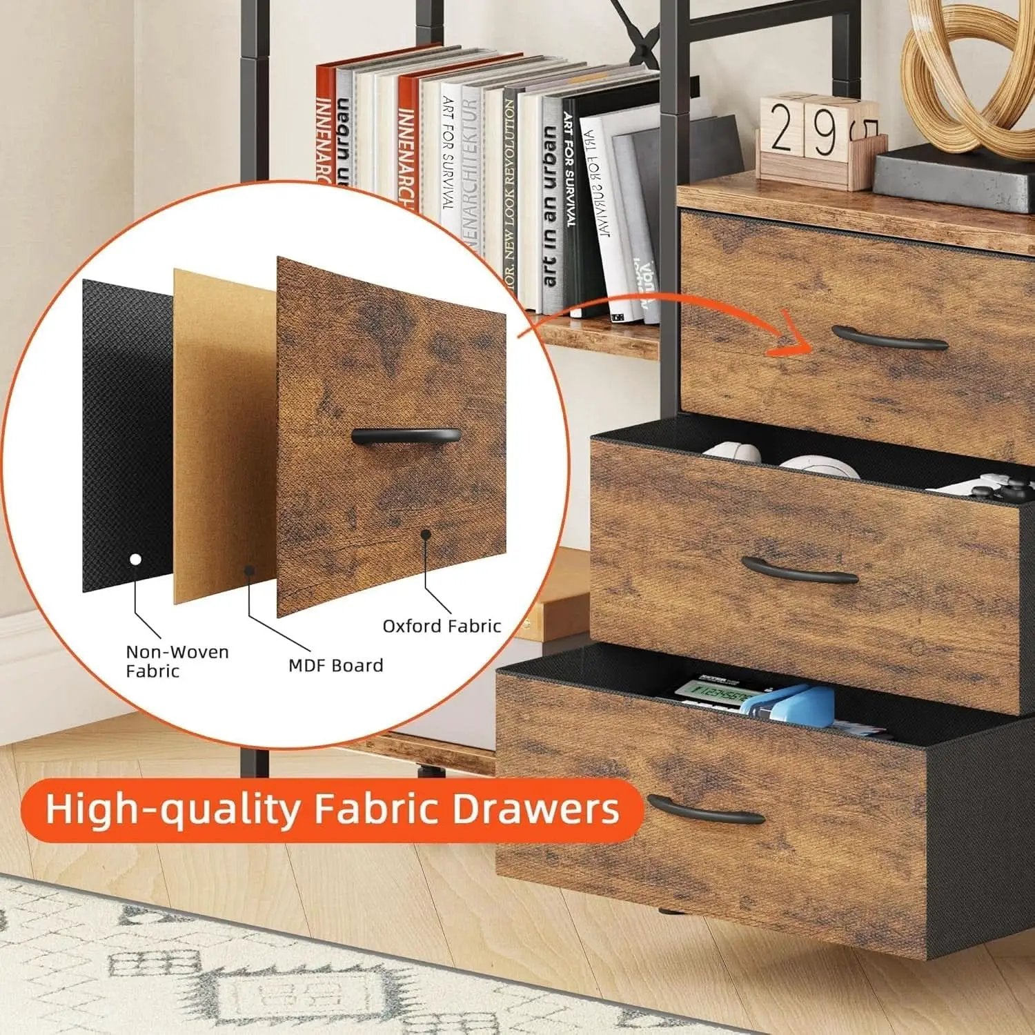 Rustic Brown Triple Bookshelf With Drawers 47 Inch Wide from PriceLows™
