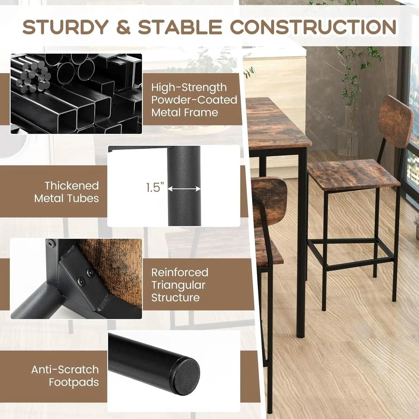Counter Height Industrial Dining Table Set 36x36 Bar Stools from PriceLows™