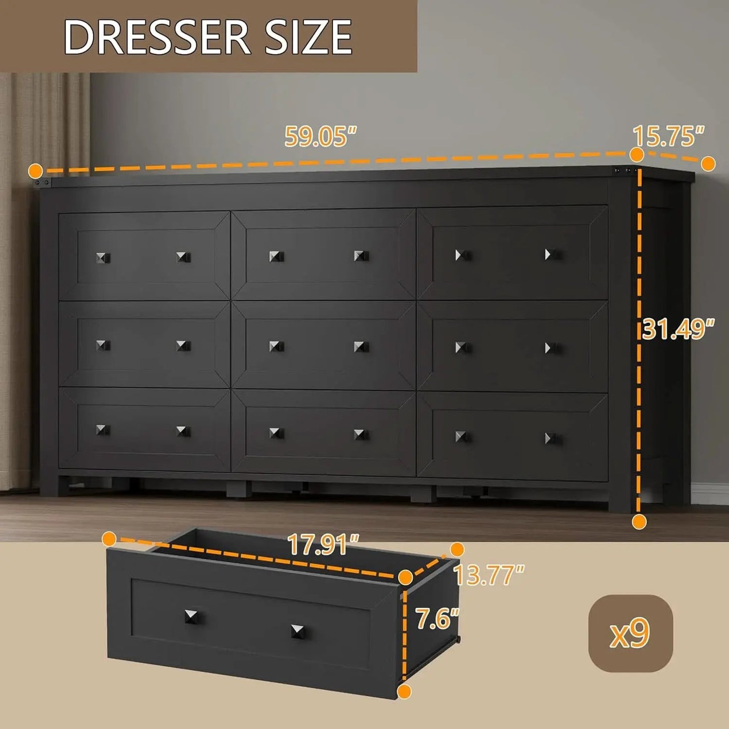 Nine Drawer Dresser Solid Wood FiftyNineInchWide Storage from PriceLows™