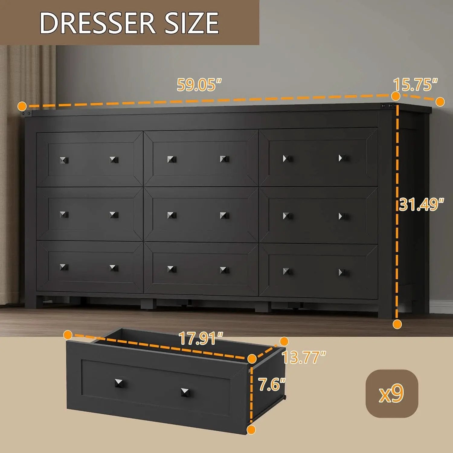 Nine Drawer Dresser Solid Wood FiftyNineInchWide Storage from PriceLows™