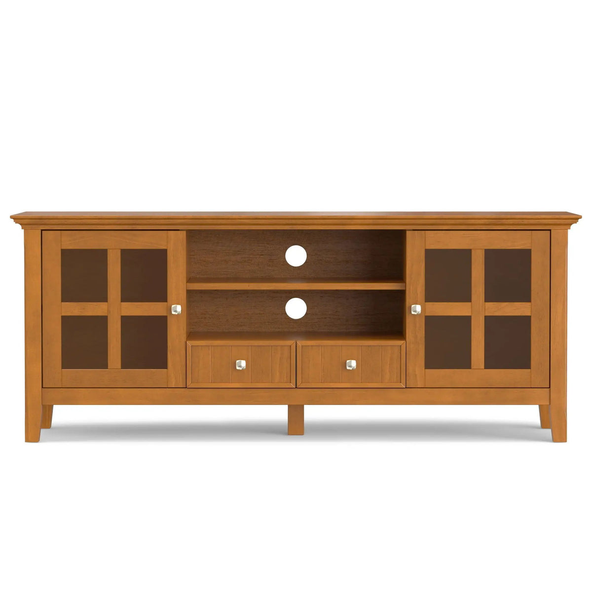 Acadian TV Media Stand | Handcrafted Solid Wood | 2 Bottom Drawers | Tempered Glass Side Cabinets