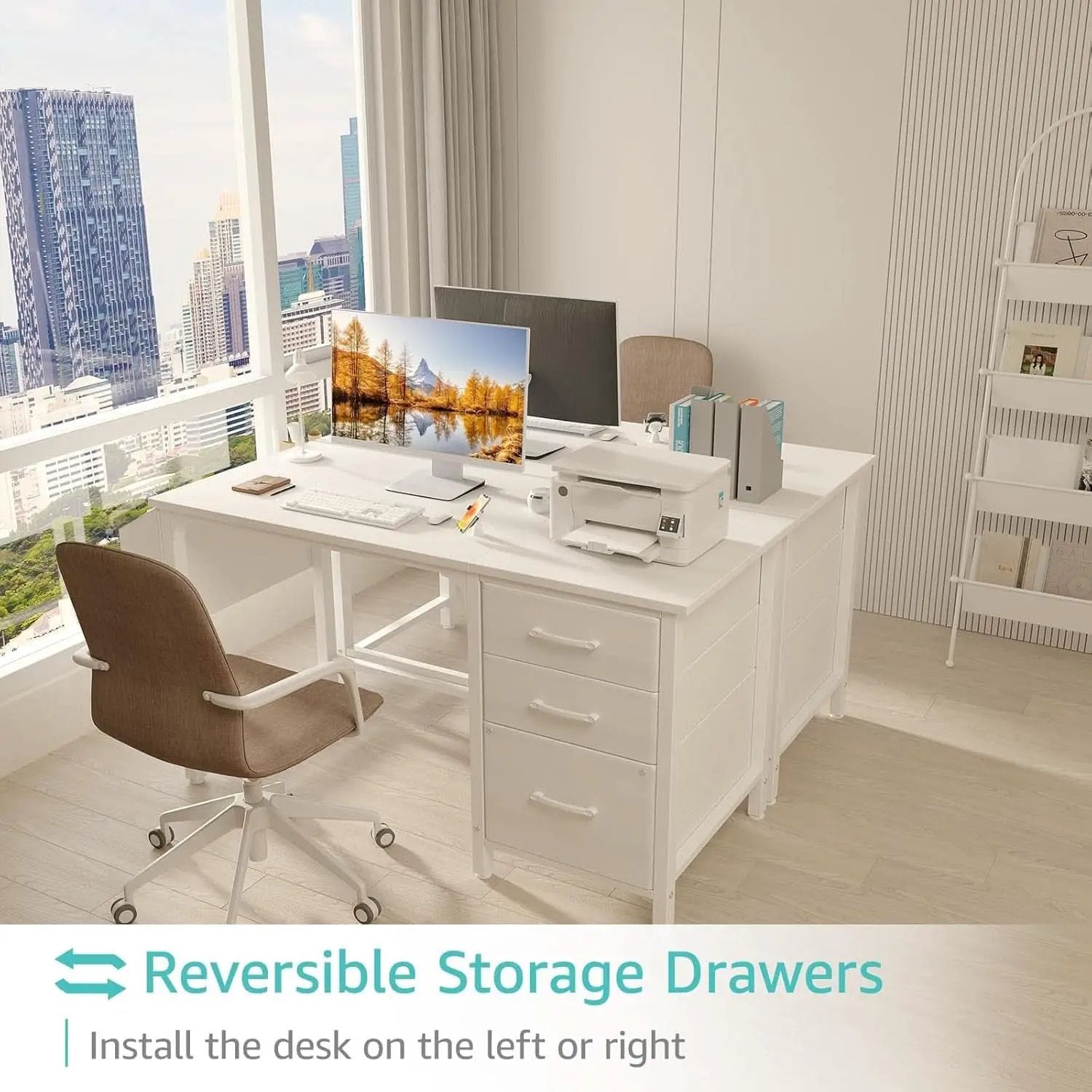 47 Inch White Computer Desk With Fabric File Drawers from PriceLows™