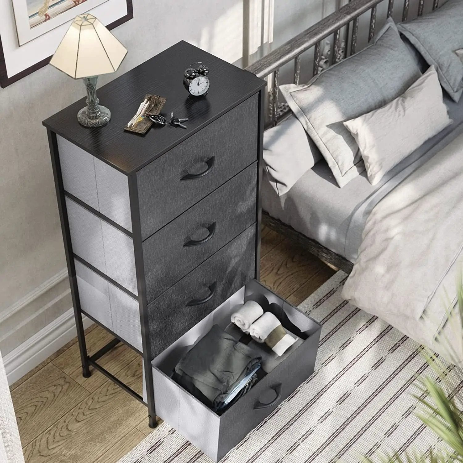 4 Drawer Fabric Storage Tower With Wooden Top For Home from PriceLows™