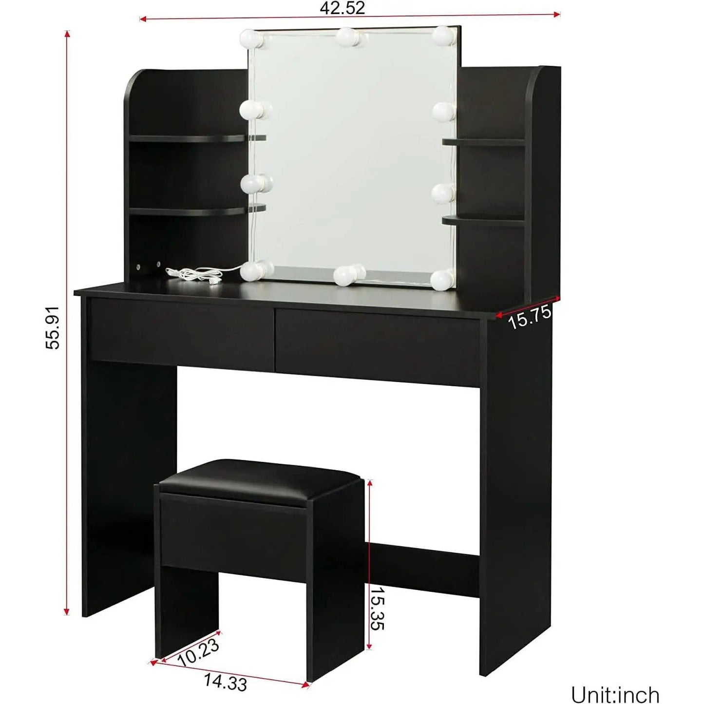 Black Vanity Set With 10 Lights For Bedroom Storage from PriceLows™