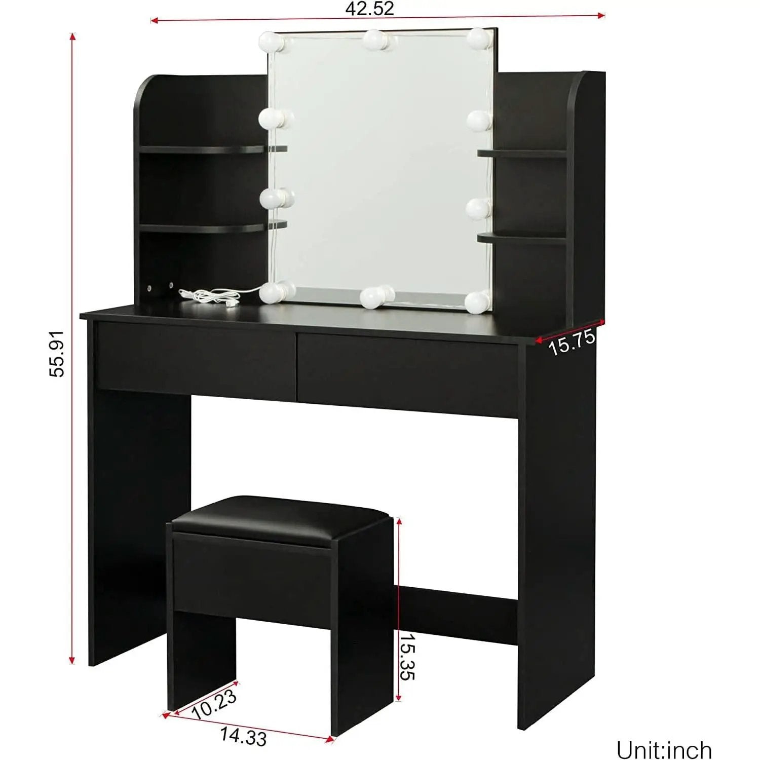 Black Vanity Set With 10 Lights For Bedroom Storage from PriceLows™