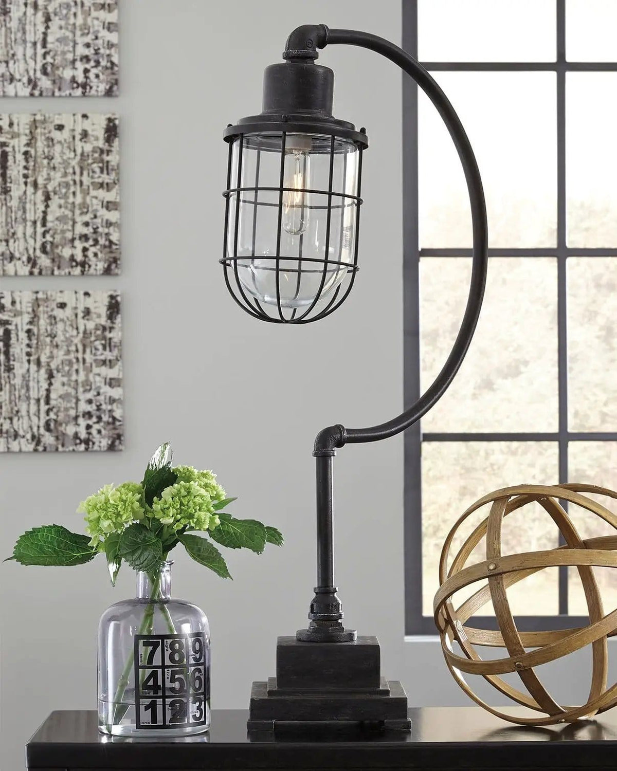 Jae Metal Desk Lamp | 14 x 7.75 x 33.25 in | Glass & Metal | Antique Black