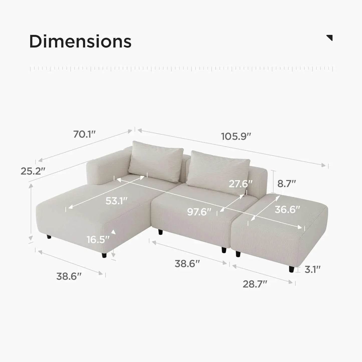 Soft Corduroy Sectional Sofa Set L Shaped Cream Modular from PriceLows™