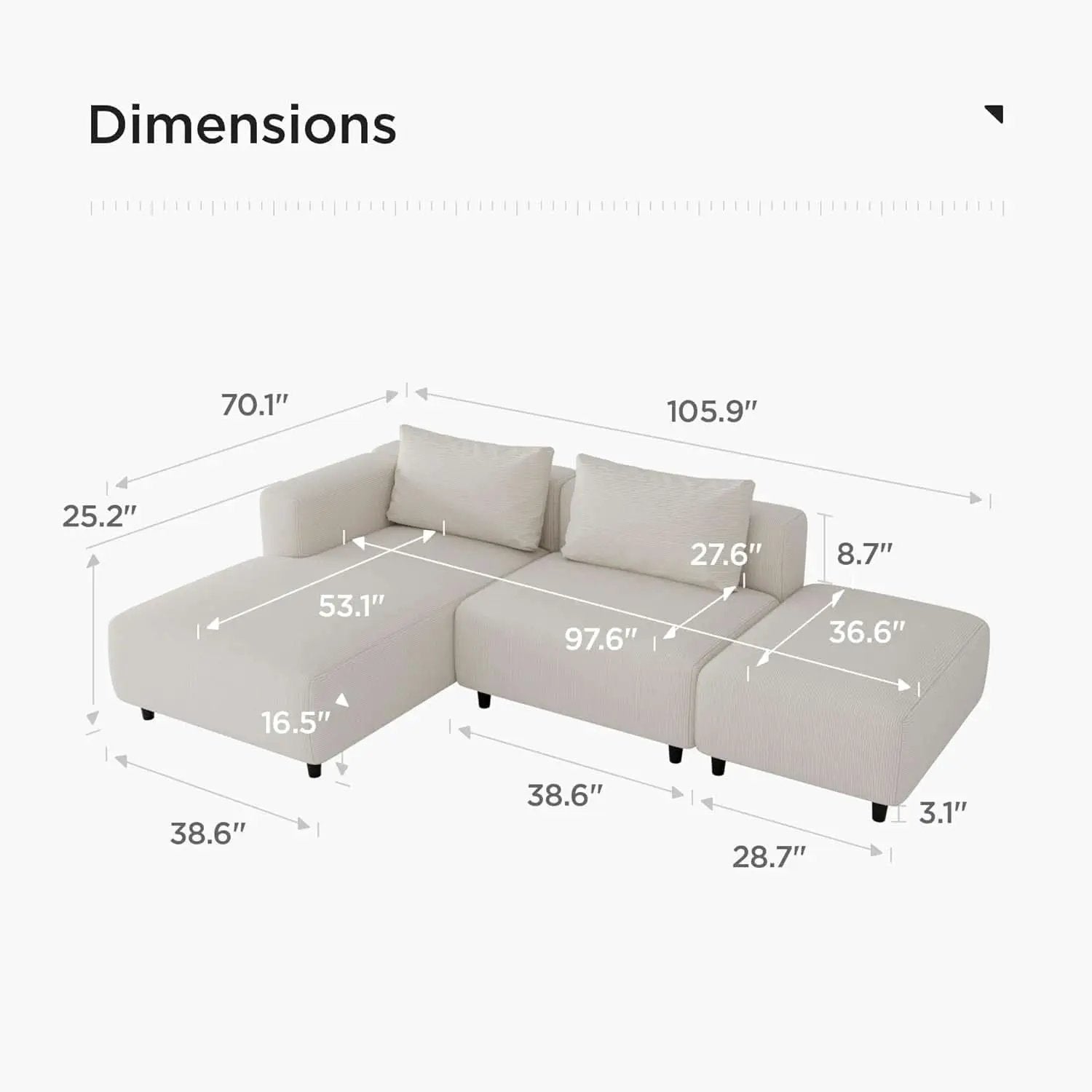 Soft Corduroy Sectional Sofa Set L Shaped Cream Modular from PriceLows™