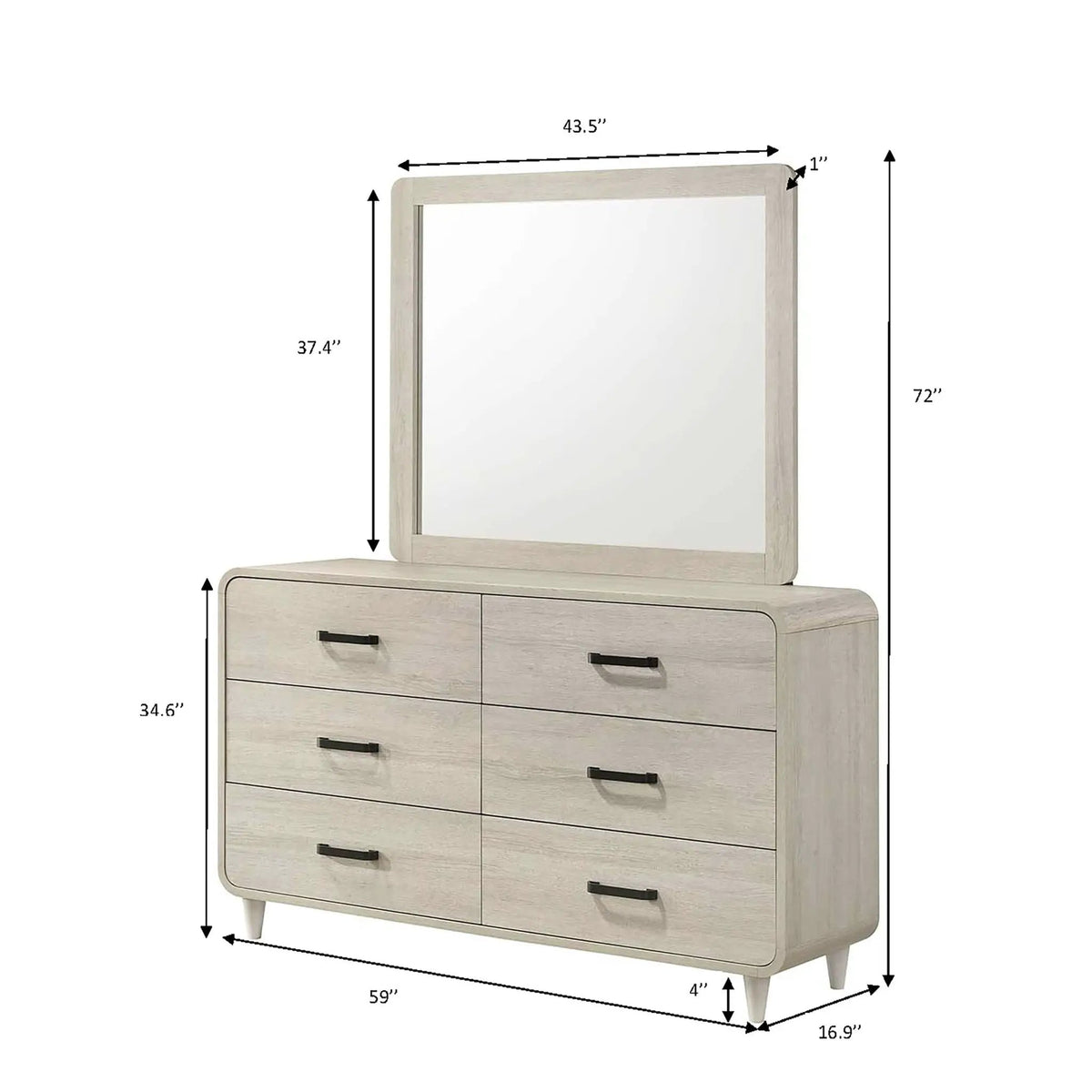 6 Drawer Dresser | Antique White | Rounded Edges | 59 Inch Width