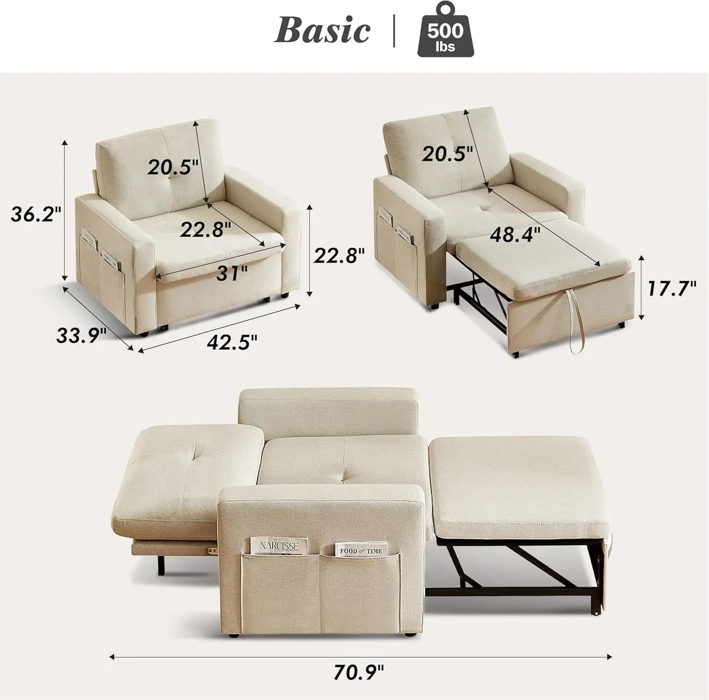 Forty Two Point Five Inch Sleeper Chair Bed Beige Convertible Sofa Bed from PriceLows™