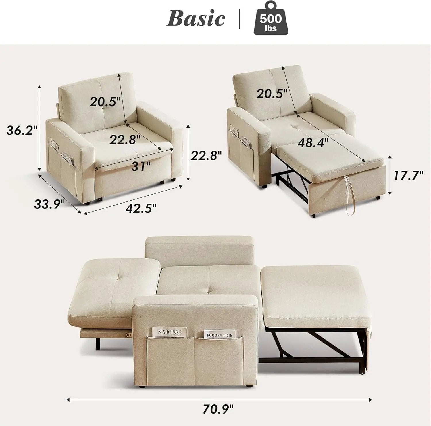 Forty Two Point Five Inch Sleeper Chair Bed Beige Convertible Sofa Bed from PriceLows™