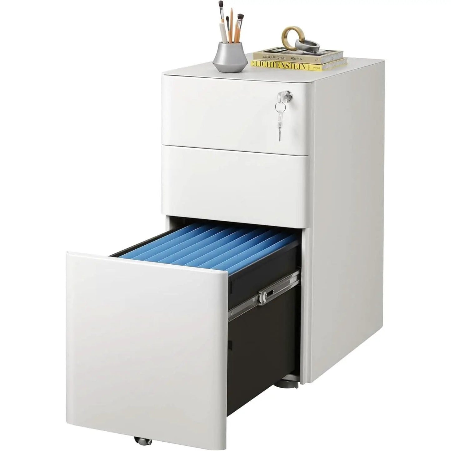 White 3 Drawer Slim File Cabinet For Office Lockable from PriceLows™