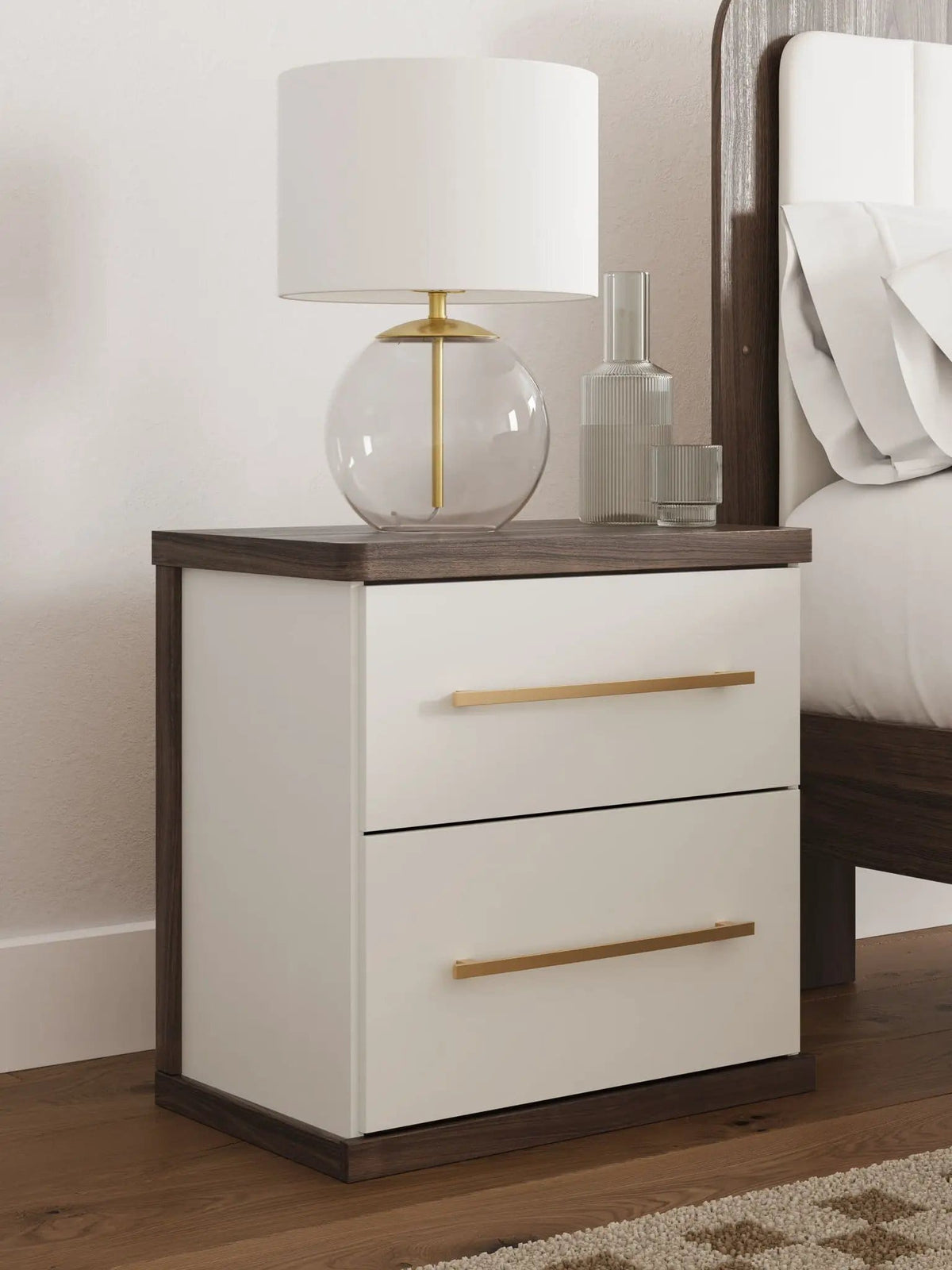 Kendanport Two Drawer Night Stand Nightstands w/ Charging Station | 25.31 x 15.55 x 25.08 in | Engineered Wood & Walnut | Brown / White