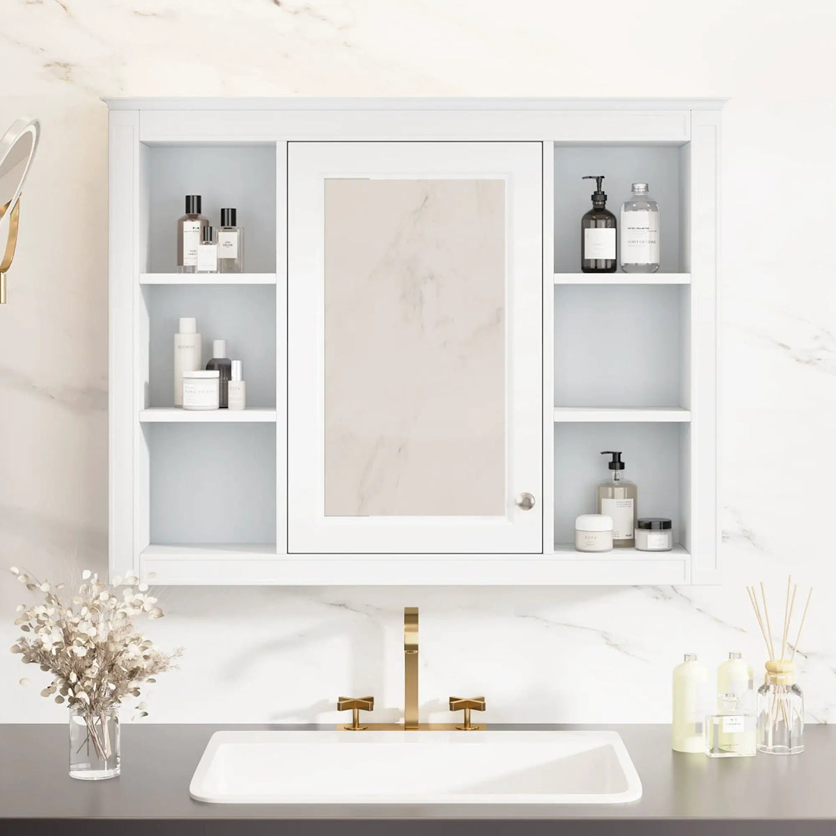 Wall Mounted Medicine Cabinet | Adjustable Interior | 6 Open Shelves