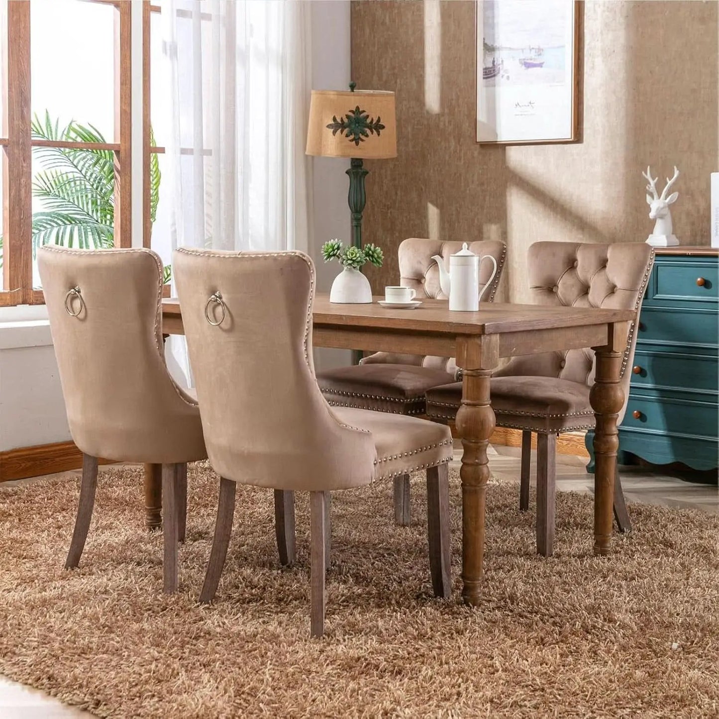 Khaki Velvet Dining Chairs Set of 4 With Button Back from PriceLows™
