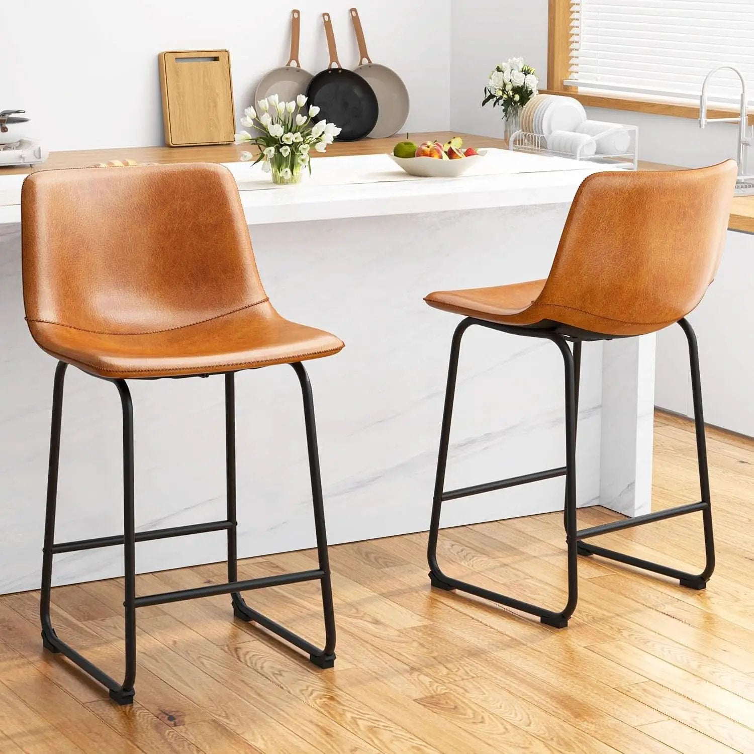Bar Stools Set Of 4 26 Inch Brown PU Leather Counter Height from PriceLows™