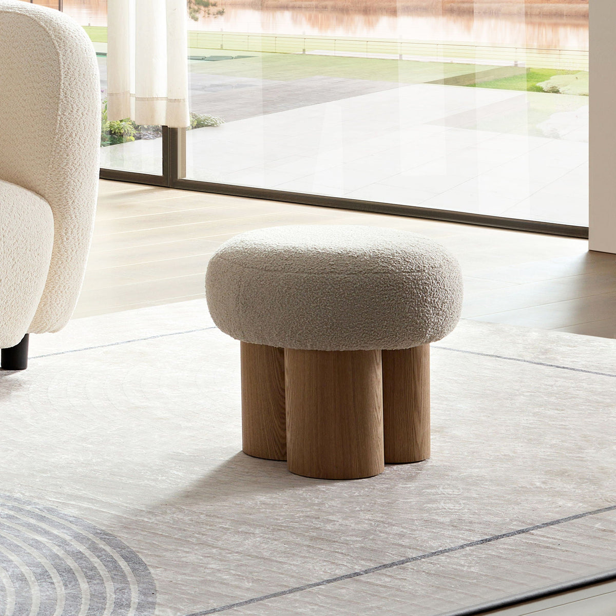 Mushroom Stool With Cushion | Greige Cushion | Wooden Barrel Base | 15.75 Inch Height