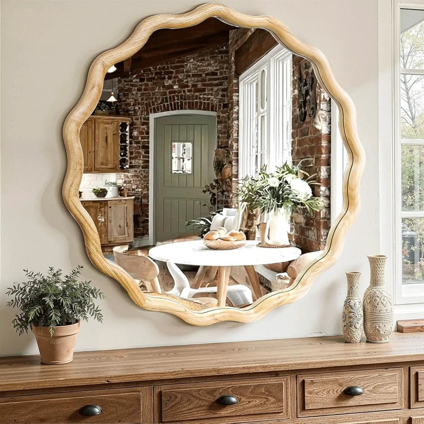 Round Wood Wall Mirror 24 Inch Shatterproof Glass Mounted from PriceLows™