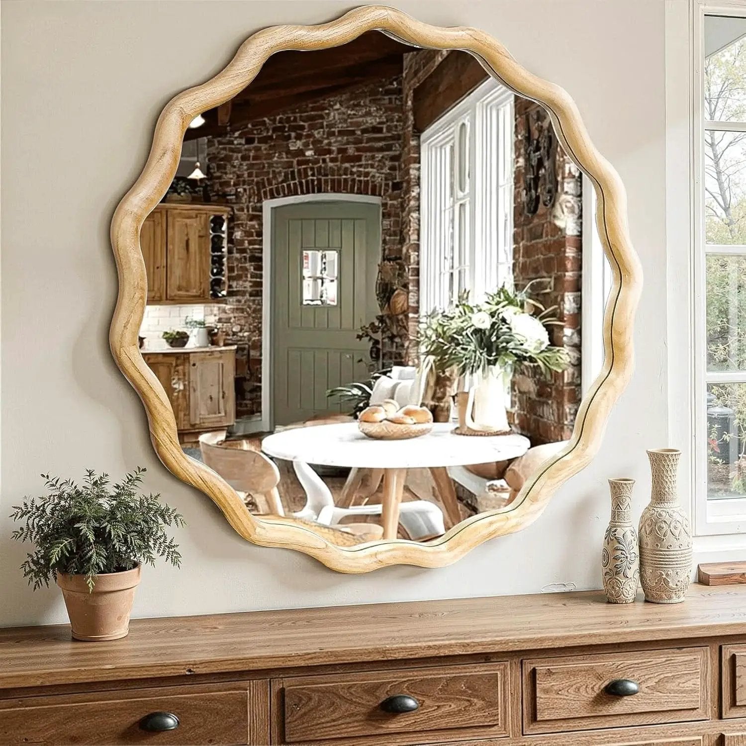 Round Wood Wall Mirror 24 Inch Shatterproof Glass Mounted from PriceLows™
