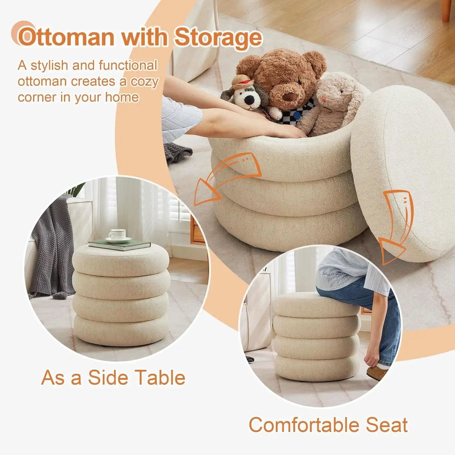 Beige Linen Upholstered Round Storage Ottoman Removable Lid from PriceLows™