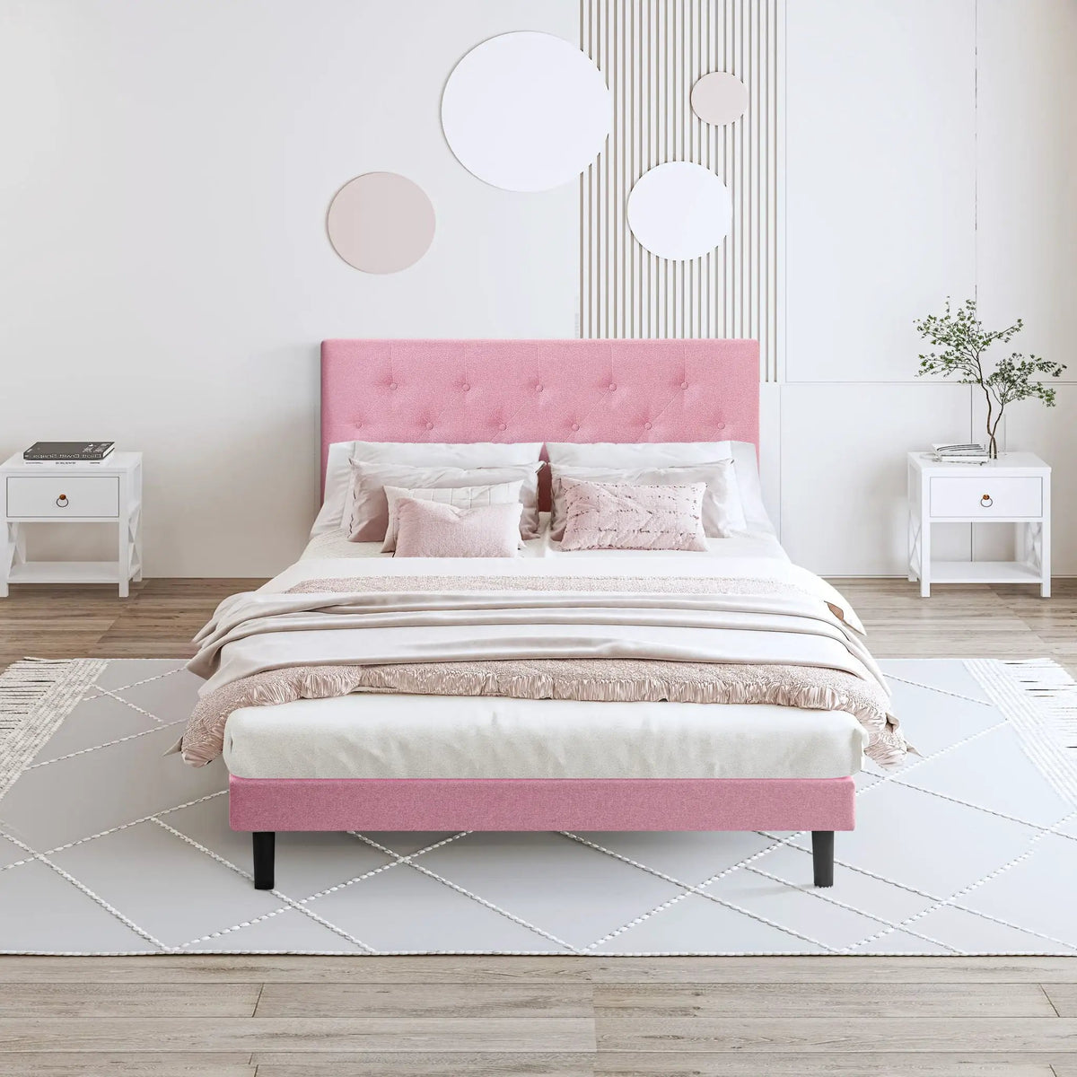Platform Bed Frame | Button Tufted Headboard | Box Spring Free