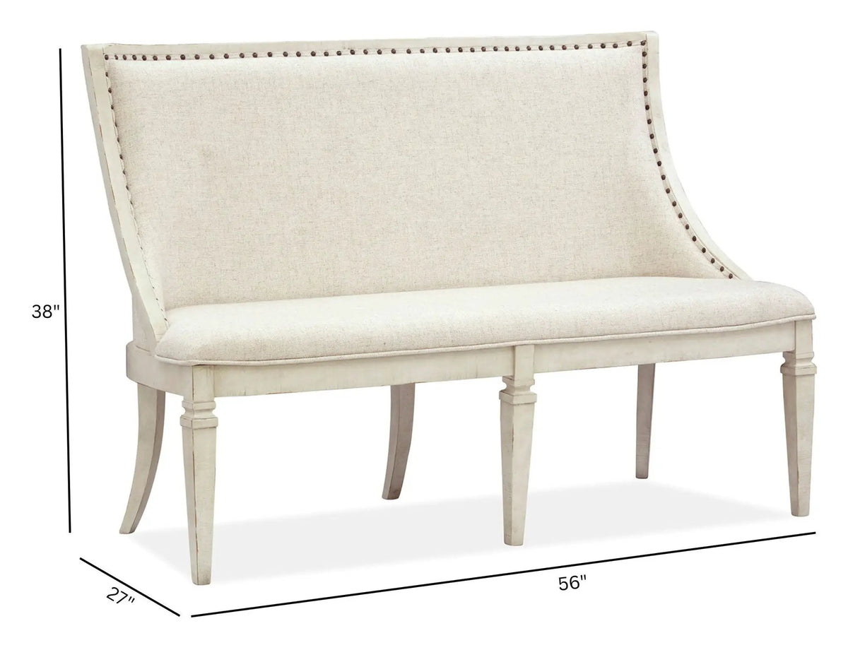 Newport Bench | Upholstered Seat And Back | Alabaster Finish | Pine Veneer And Hardwood