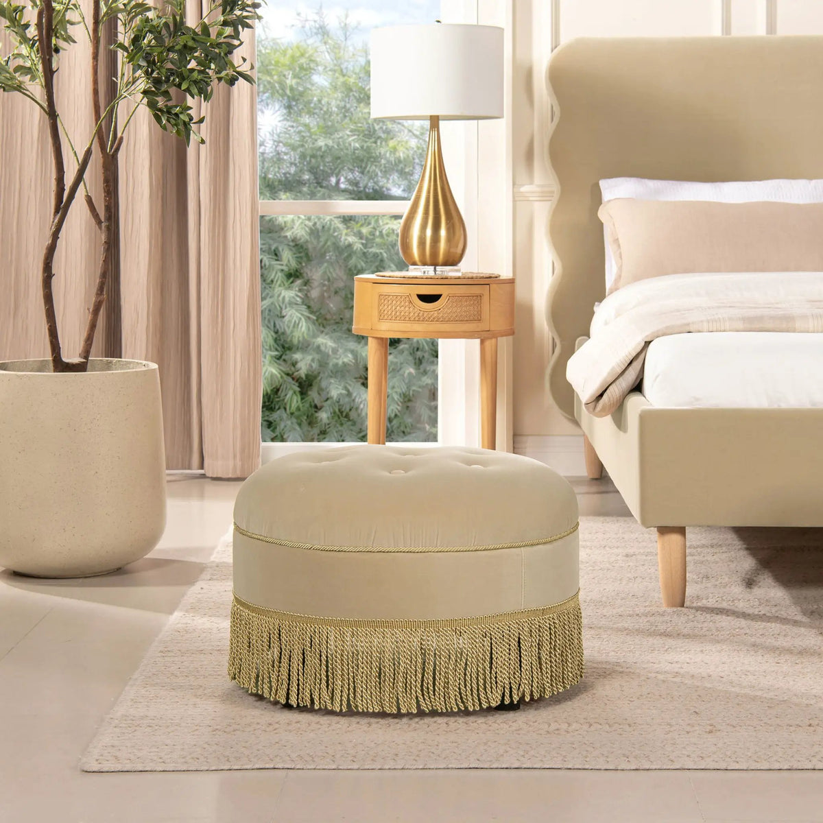 Yolanda Round Accent Ottoman | Handcrafted Quality | Kiln-Dried Hardwood Frame | 16 Inch Height