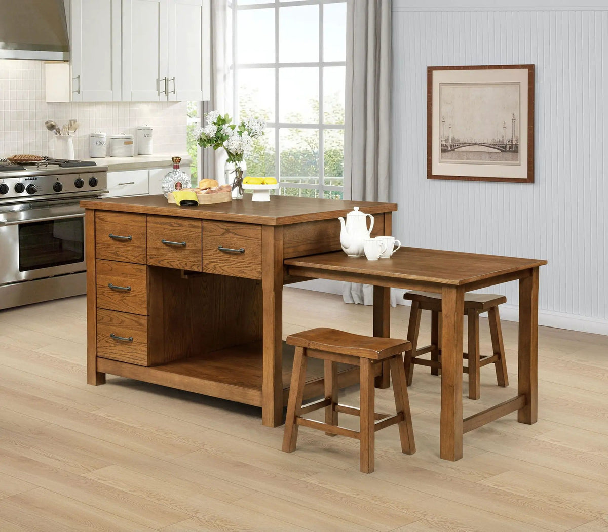 Mayfair 3-piece Kitchen Island with Extension Table Dark | 3-Piece Set | Dining Room Furniture | Oak