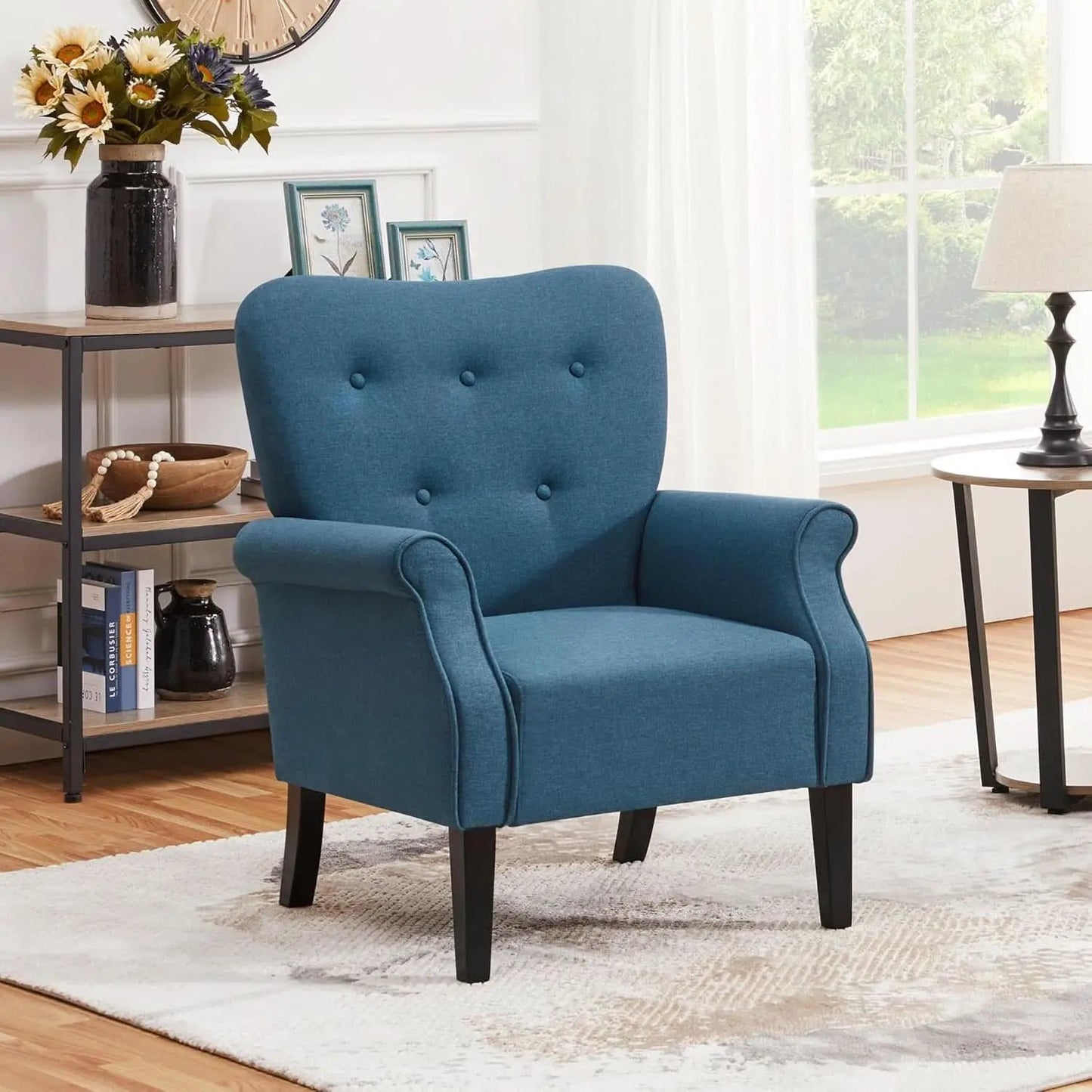 Navy Blue Compact Midcentury Armchair Tufted Backrest from PriceLows™