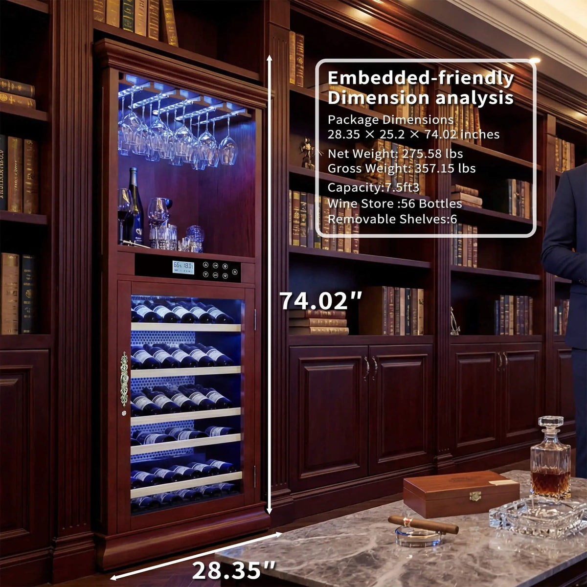 56 Bottle 7.5 Cu.Ft Single Zone Multi Tiered Wooden Wine Cooler Cabinet With | 7.5 Cu Ft | Aluminum | Wine Fridge