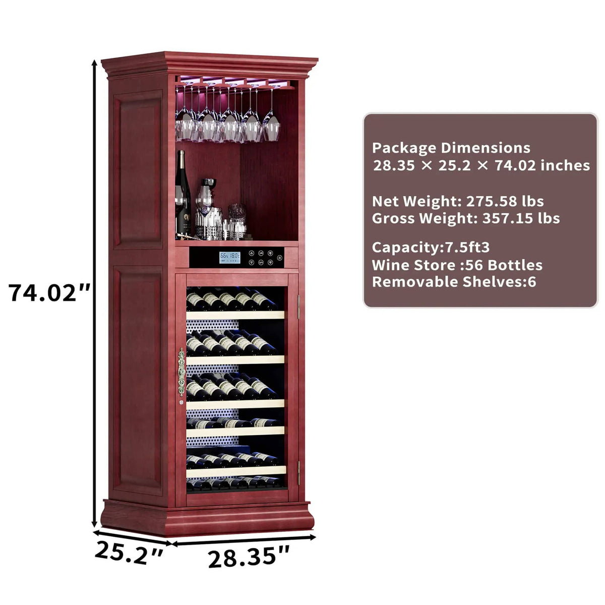 56 Bottle 7.5 Cu.Ft Single Zone Multi Tiered Wooden Wine Cooler Cabinet With | 7.5 Cu Ft | Aluminum | Wine Fridge
