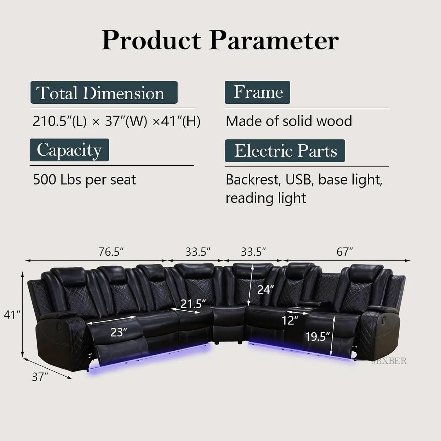 Power Recliner Sectional Sofa Set In Black With Led Lights from PriceLows™
