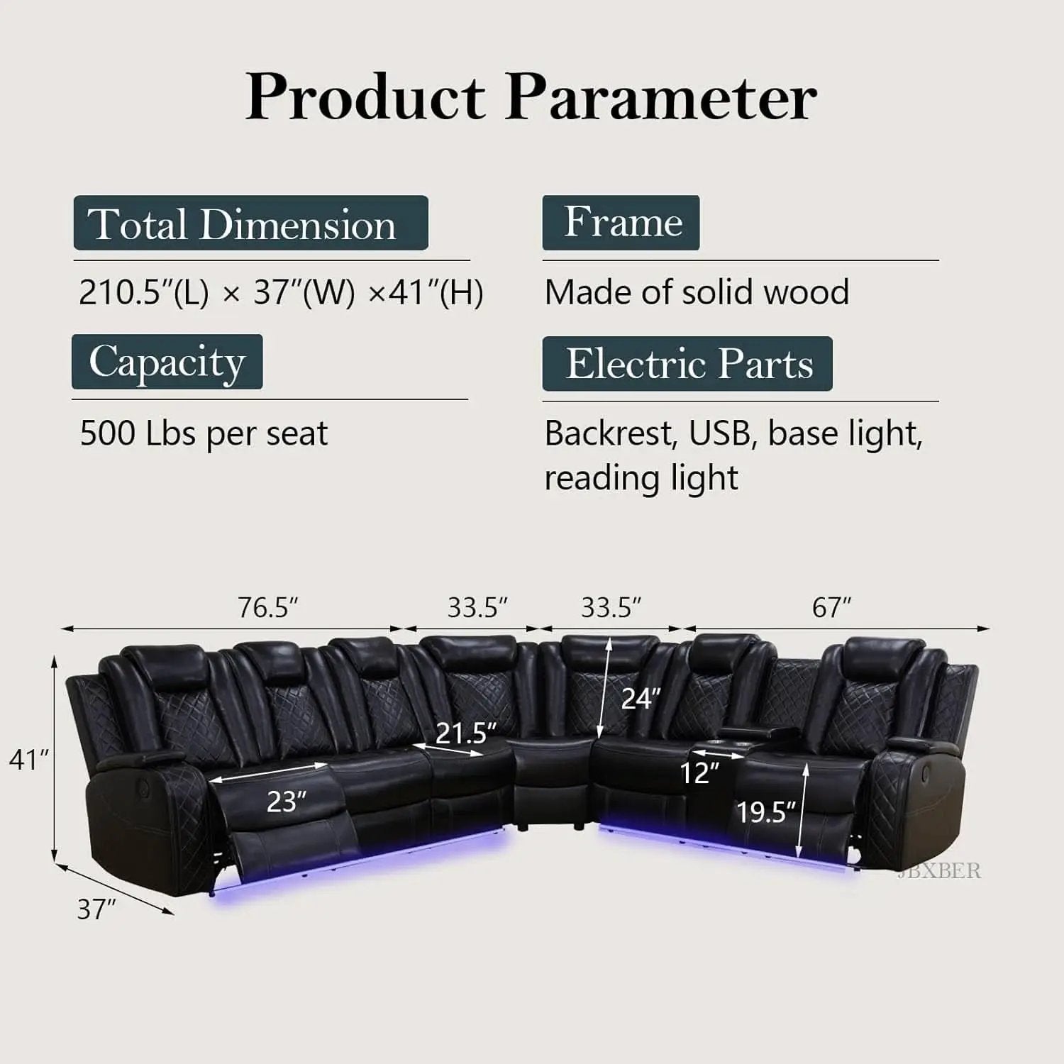 Power Recliner Sectional Sofa Set In Black With Led Lights from PriceLows™