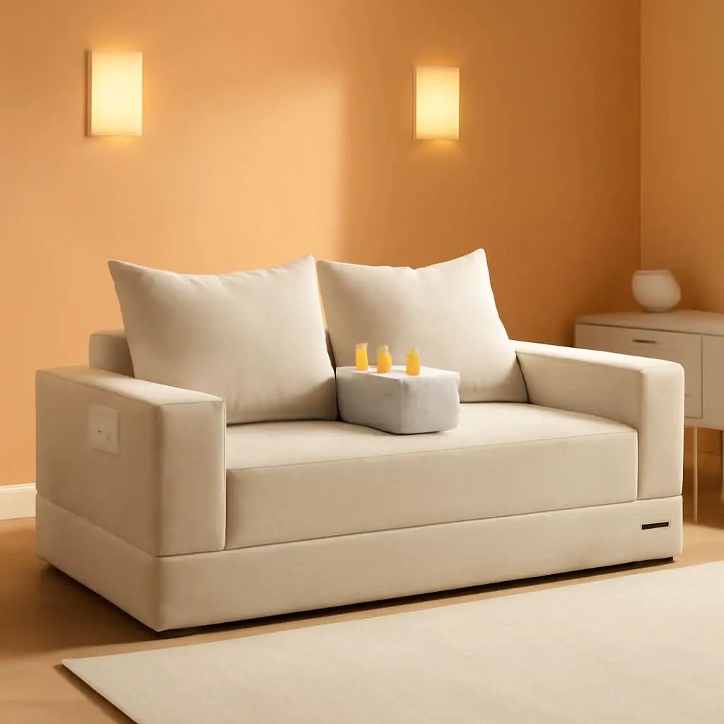 Beige Foldable Convertible Sleeper Sofa With CupHolders from PriceLows™
