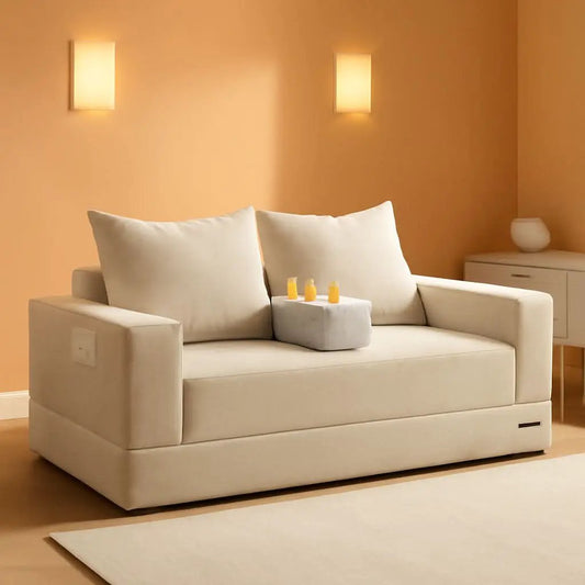 Beige Foldable Convertible Sleeper Sofa With CupHolders from PriceLows™