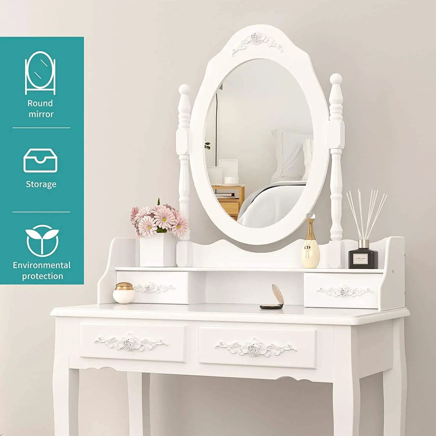 White Vanity Table Set With 360 Degree Rotating Mirror from PriceLows™