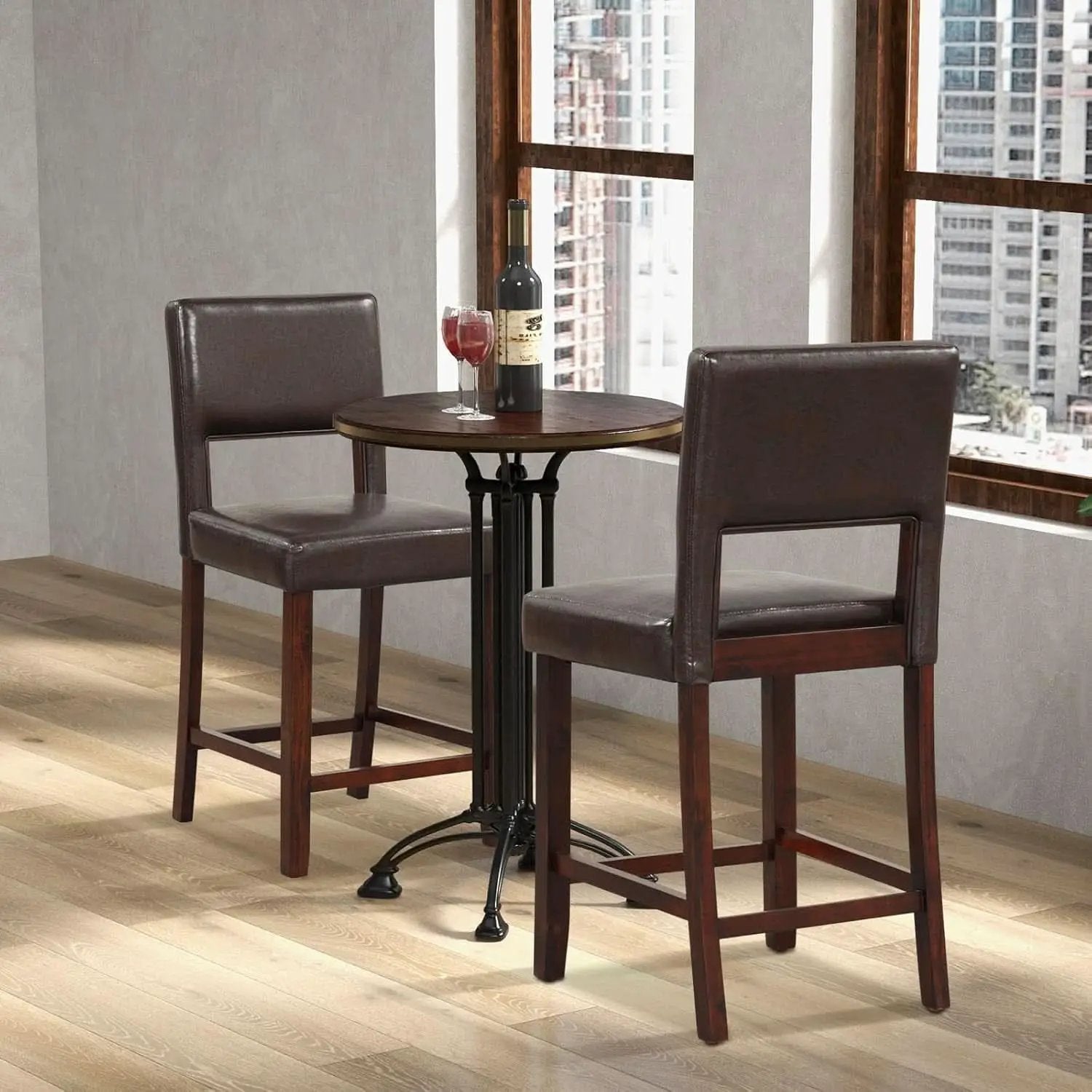 Counter Height Bar Stools Set Of Two, Twenty Four Point Five Inch, Brown Upholstered PVC Leather from PriceLows™